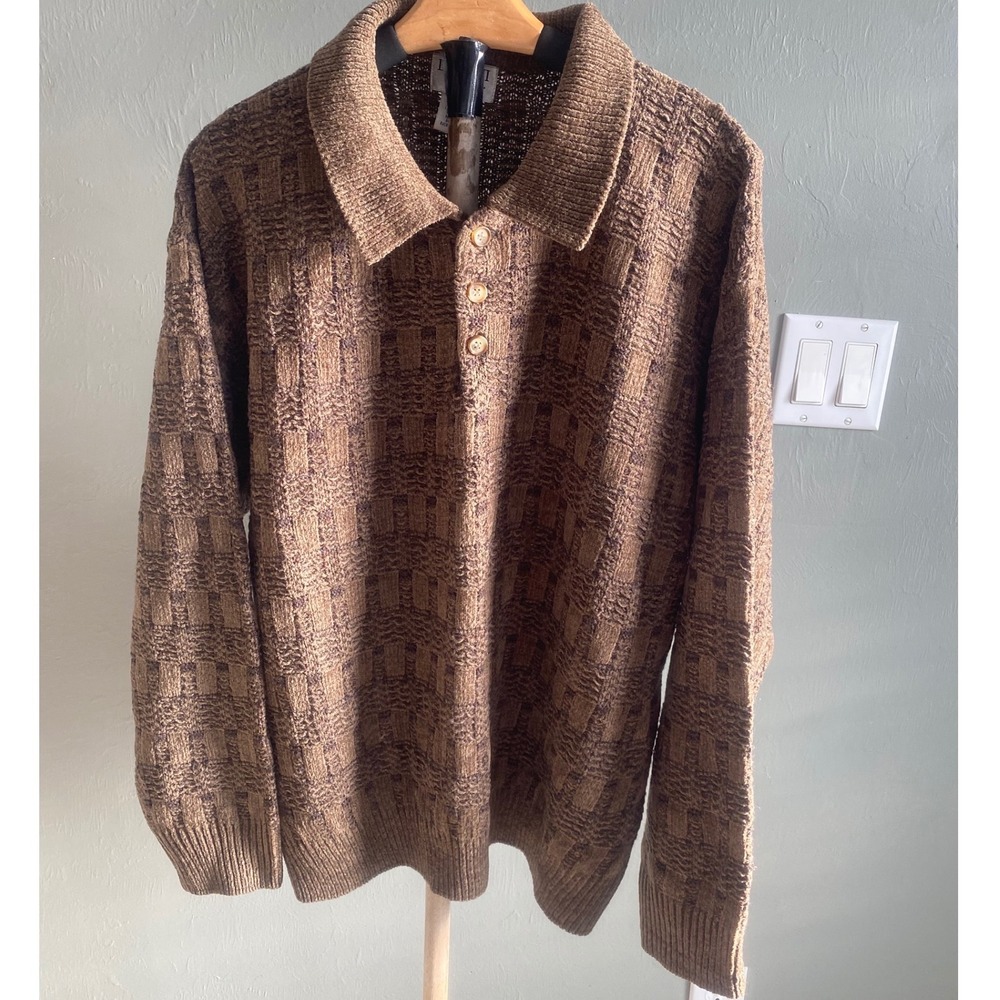 Domani Uomo Vintage‎ Chenille Knit Polo Sweater Brown Geometric Mens Large L